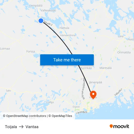 Toijala to Vantaa map