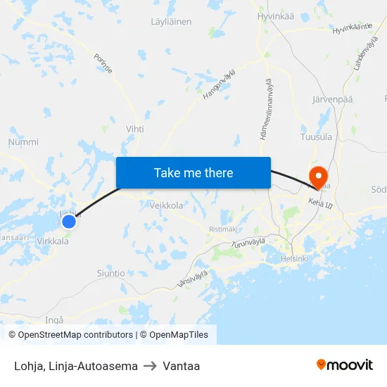 Lohja Bus Station to Vantaa map