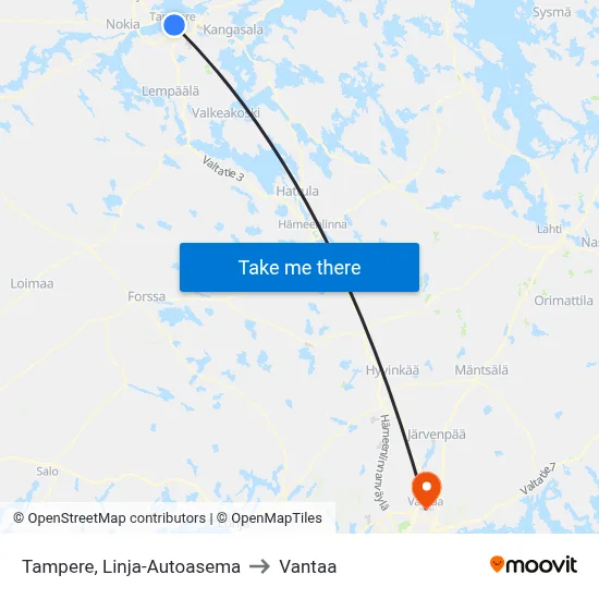 Tampere, Bus Station to Vantaa map