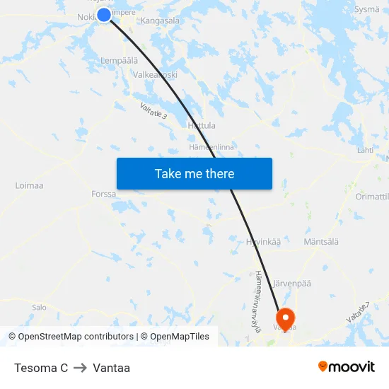 Tesoma Center to Vantaa map