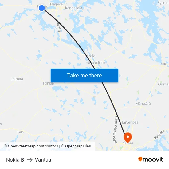 Nokia B to Vantaa map