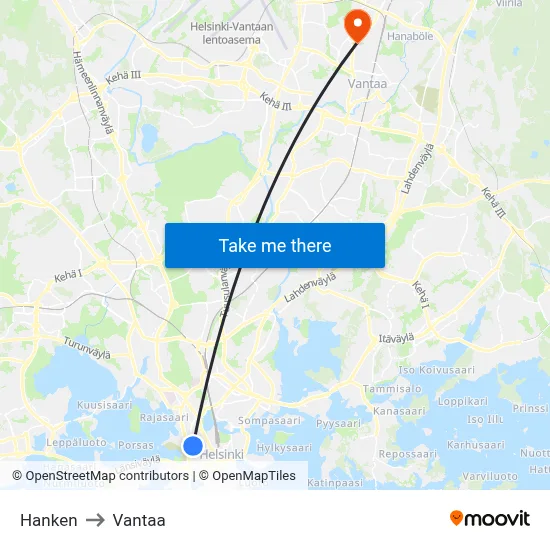 Hanken to Vantaa map