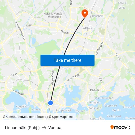 Linnanmäki (North) to Vantaa map
