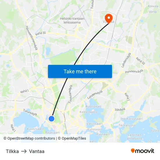 Tilkka to Vantaa map