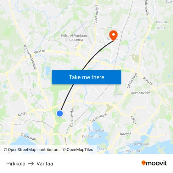Pirkkola to Vantaa map