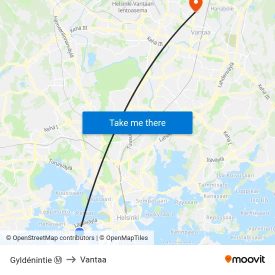 Gyldénintie Ⓜ️ to Vantaa map