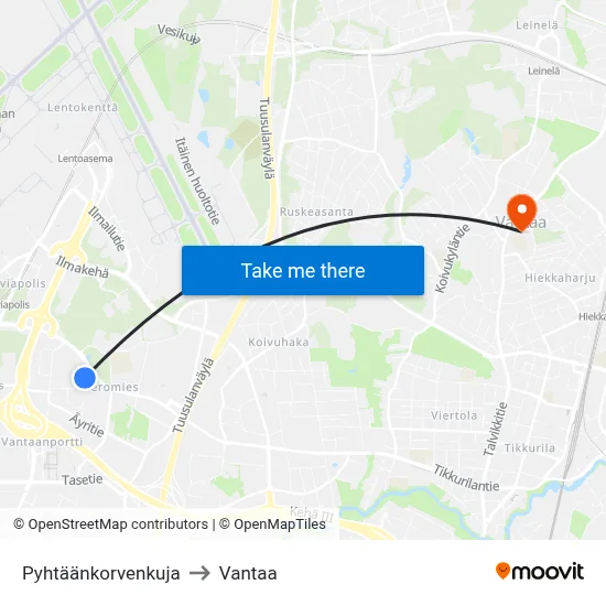 Pyhtaankorventie to Vantaa map