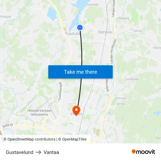 Gustavelund to Vantaa map