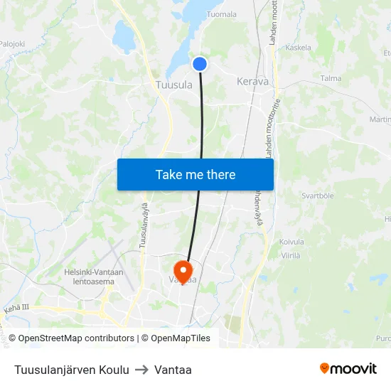 Lake Tuusula School to Vantaa map
