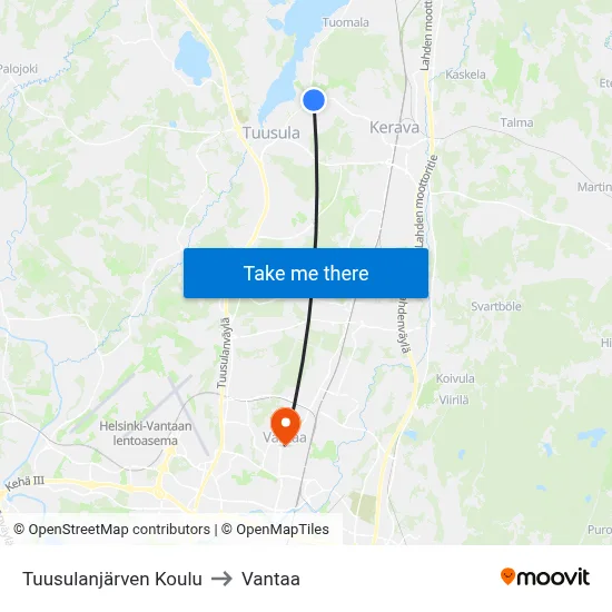 Lake Tuusula School to Vantaa map