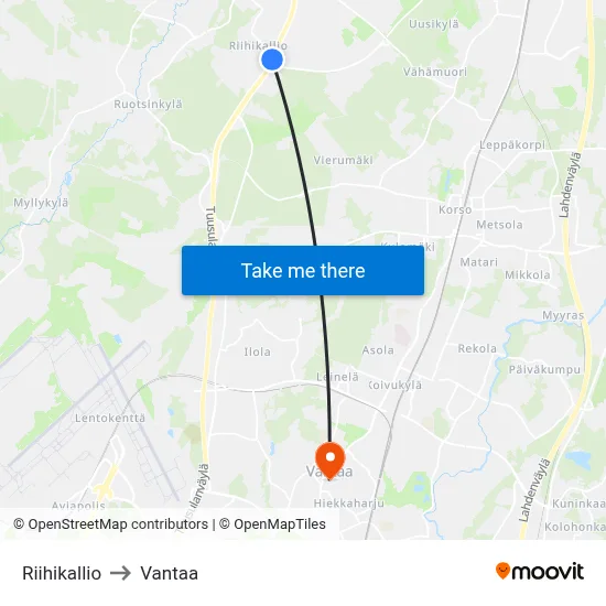 Riihikallio to Vantaa map