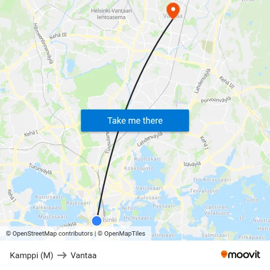Kamppi (M) to Vantaa map