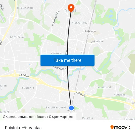 Puistola to Vantaa map