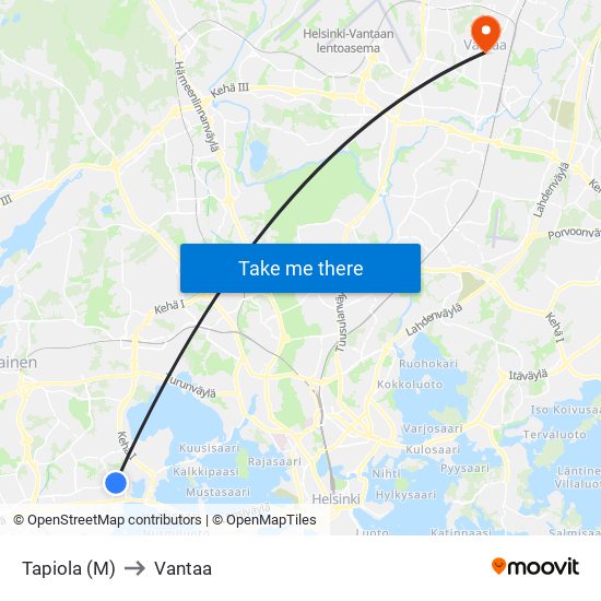 Tapiola (M) to Vantaa map