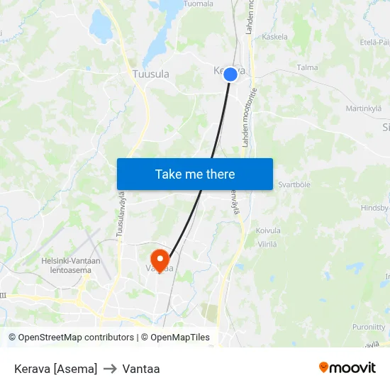 Kerava Station to Vantaa map