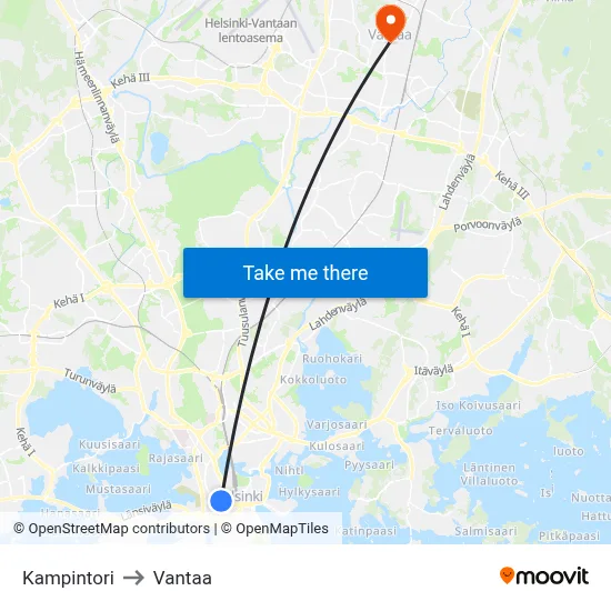 Kamppi Square to Vantaa map