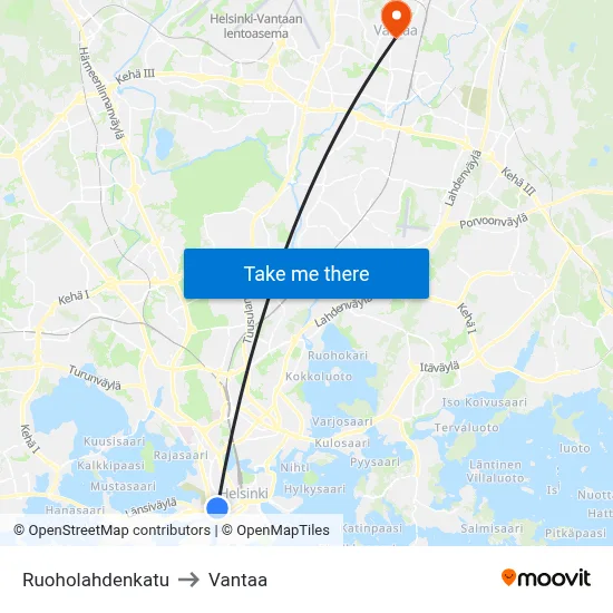 Ruoholahti Street to Vantaa map