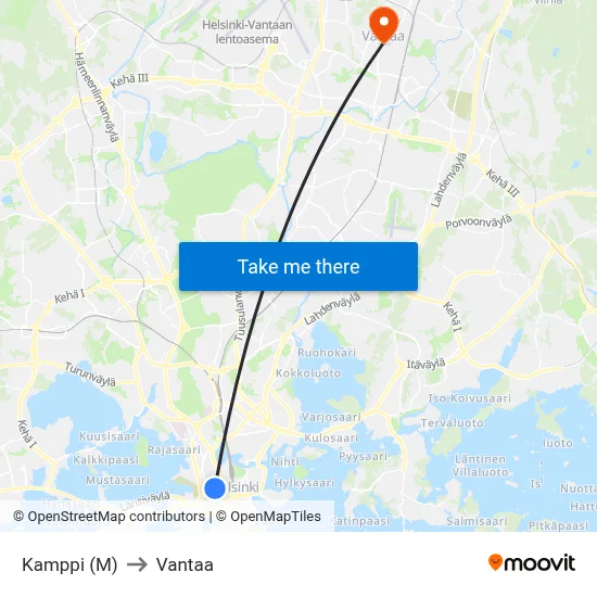 Kamppi (M) to Vantaa map