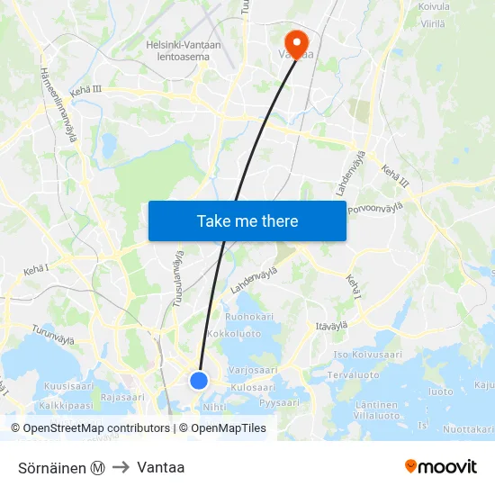 Sörnäinen Ⓜ️ to Vantaa map
