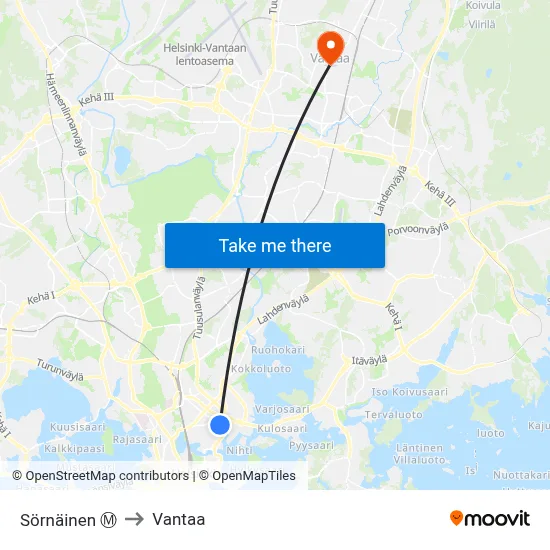 Sörnäinen Ⓜ️ to Vantaa map