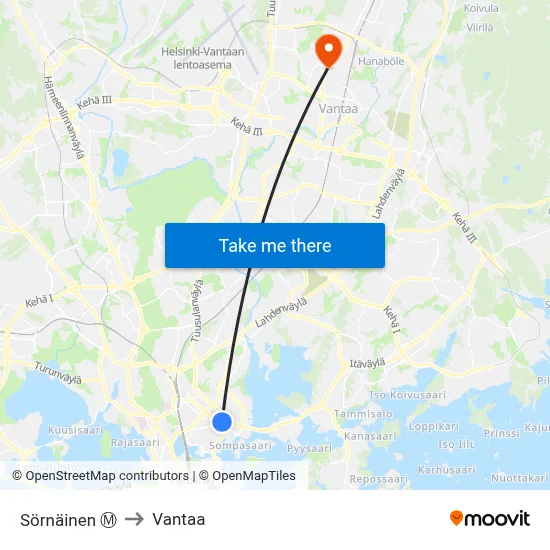 Sörnäinen Ⓜ️ to Vantaa map
