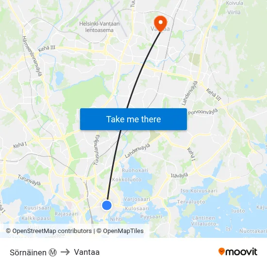 Sörnäinen Ⓜ️ to Vantaa map