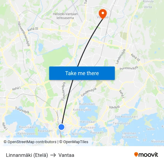 Linnanmaki (South) to Vantaa map