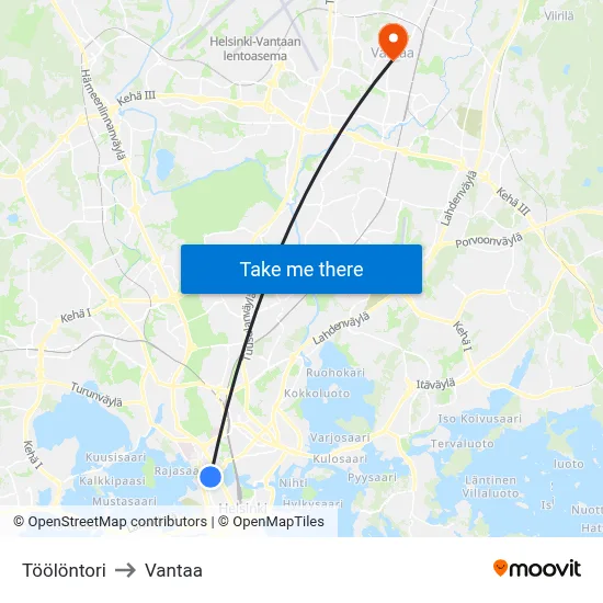 Töölö Square to Vantaa map