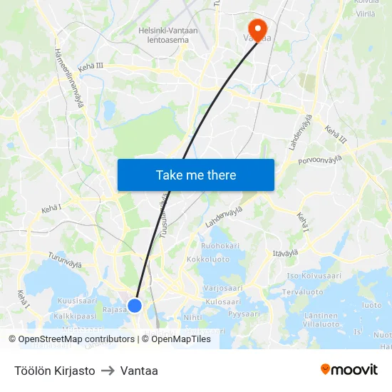 Töölö Library to Vantaa map