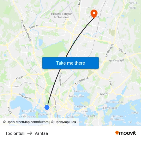 Töölö Toll to Vantaa map