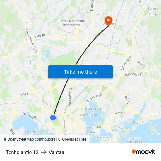 Tenhola Road 12 to Vantaa map
