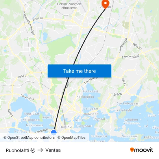 Ruoholahti Ⓜ️ to Vantaa map