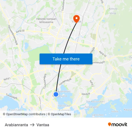 Arabianranta to Vantaa map