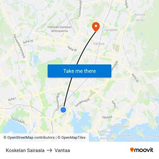 Koskela Hospital to Vantaa map