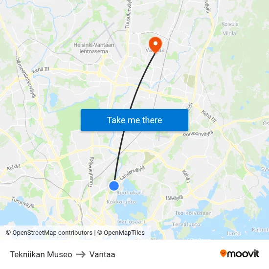 Museum of Technology to Vantaa map