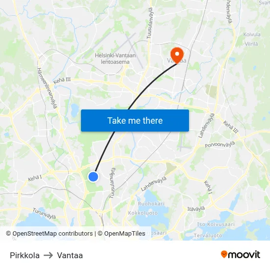 Pirkkola to Vantaa map