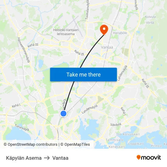 Käpylä Station to Vantaa map