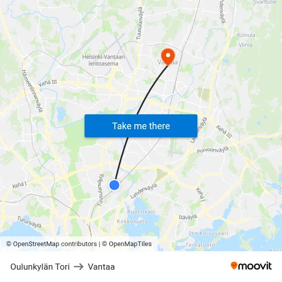Oulunkylä Square to Vantaa map