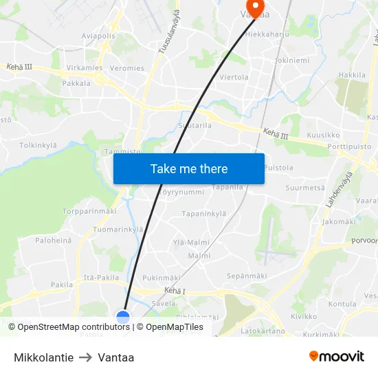 Mikkolantie to Vantaa map
