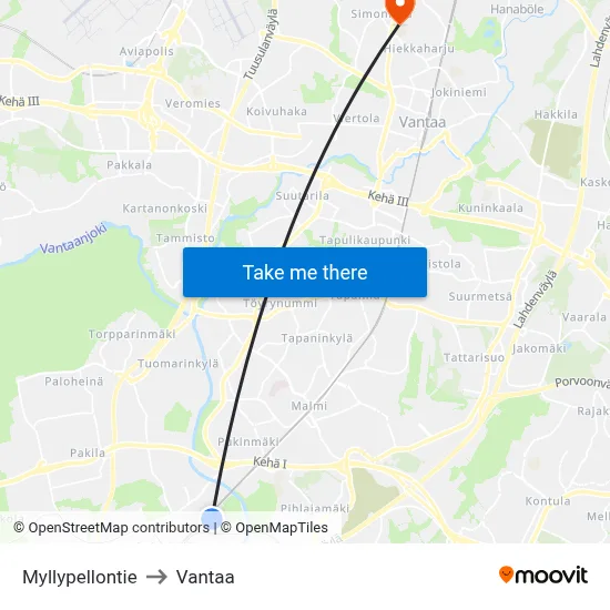 Myllypellontie to Vantaa map