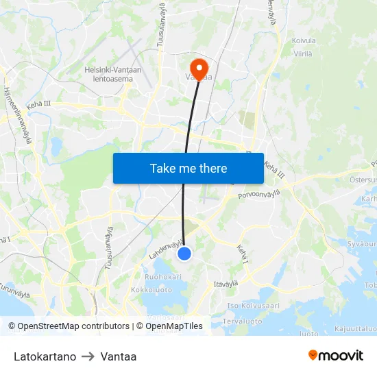 Latokartano to Vantaa map