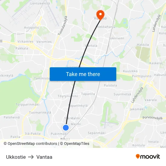 Ukkostie to Vantaa map