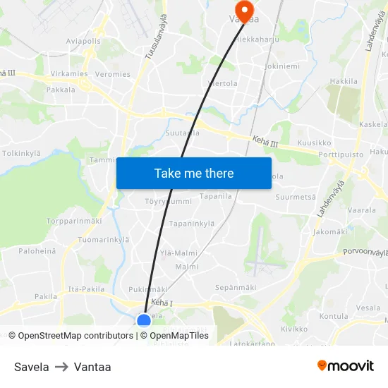Savela to Vantaa map