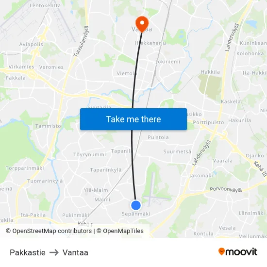 Pakkastie Road to Vantaa map