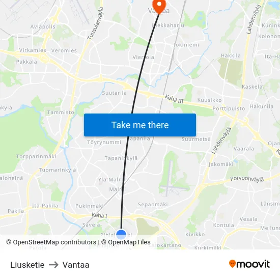 Liusketie to Vantaa map