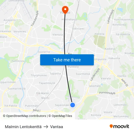 Malmi Airport to Vantaa map