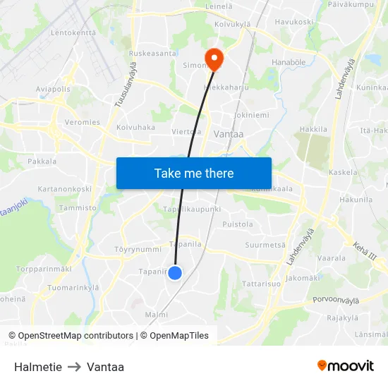 Halmetie Road to Vantaa map