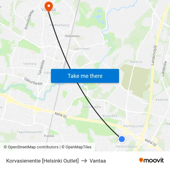 Korvasieni Road [Helsinki Outlet] to Vantaa map