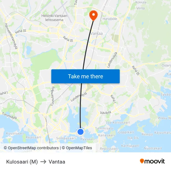 Kulosaari (M) to Vantaa map