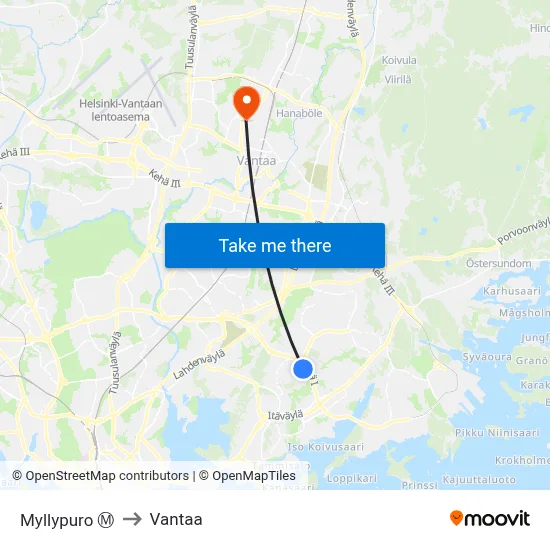 Myllypuro Ⓜ️ to Vantaa map